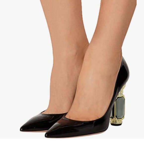 FSJ Black Bridal Pointed Toe Chunky High Heel Crystal Pumps Slip on Wedding Shoe - Picture 1 of 8